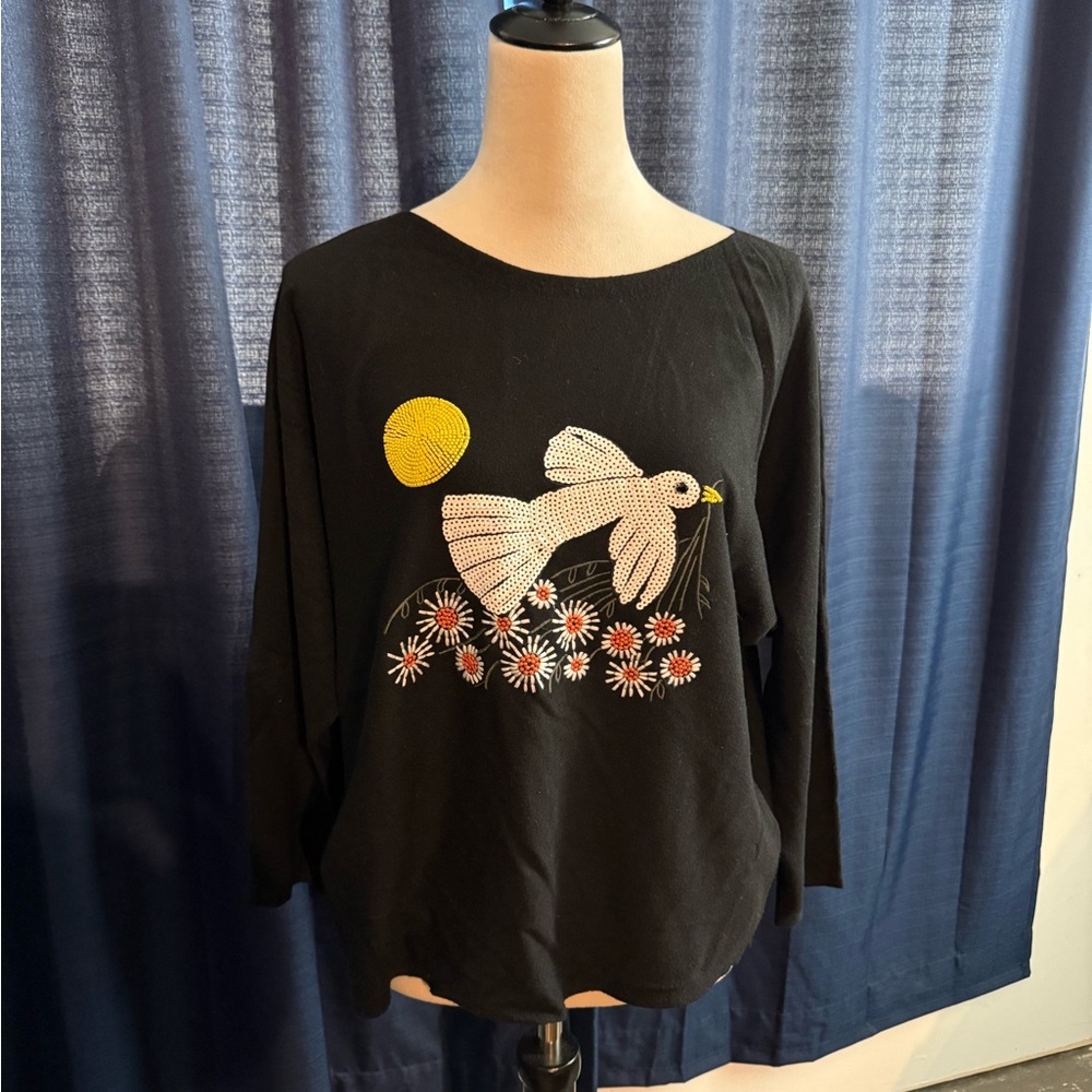 NWT Aaeda brand Black Long Sleeve Top with Bird and Floral Design